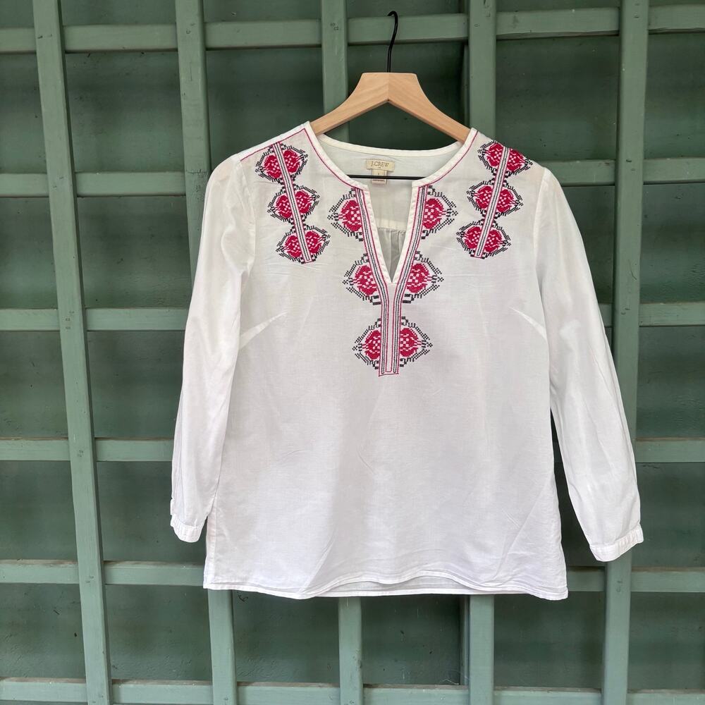 J Crew Embroidered Boho Peasant Blouse V-Neck Size S Cottage Nordic Folk - Picture 1 of 5